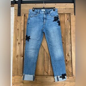 Loft Women's Ankle Skinny Jeans with Black Floral Accents Size 6